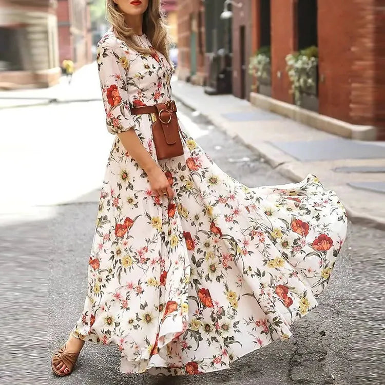 qgtao Spring Summer Vintage Flower Floral Print Maxi Dress Office Lady Fashion Elegant Long Sleeve O-neck Dresses For Women 2024