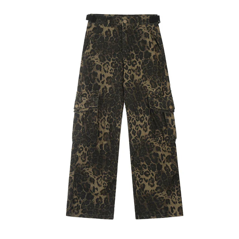 qgtao  Leopard Print Pants Women Y2K High Waist Multiple Pockets Vintage Trousers Streetwear Hip Hop Loose Wide Leg Cargo Jeans