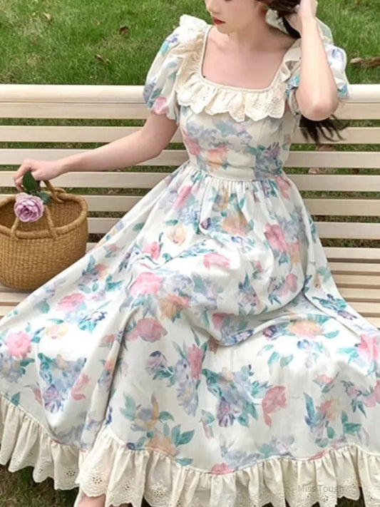 qgtao Floral Print France Sweet Dress Women Patchwork Vintage Midi Dress Female Ruffle Flounce Korean Fashion Elegant Party Dress 2023