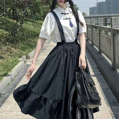 New Sweet Women Skirt Preppy Style Strap Long Skirt Ruffles Loose Cute Student Casual Skirt Female Skirts 2023 HOT