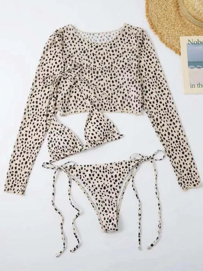 qgtao 2024 Printed Leopard 3 Three Pieces Set Swimsuit Women Swimming Sexy Bikini Low Waist Swimwear Long Sleeve Bather Bathing Suit