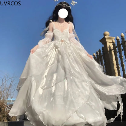 Vintage Elegant Evening Party Long Dress Women Gradient Blue Kawaii Lolita Jsk Dresses Female Bow Bandage Princess Fairy Dress