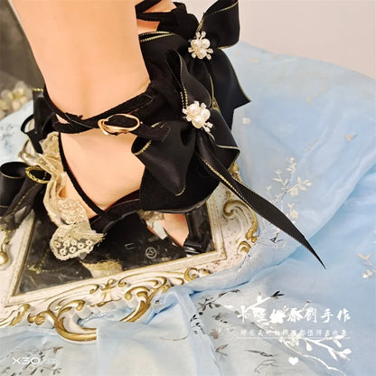 qgtao Sexy Lady Summer Black Strap Lace Bowknot Victoria Lolita Shoes Gothic Cool Girls Pointed Sandals High Heel Cosplay Lolita Shoes