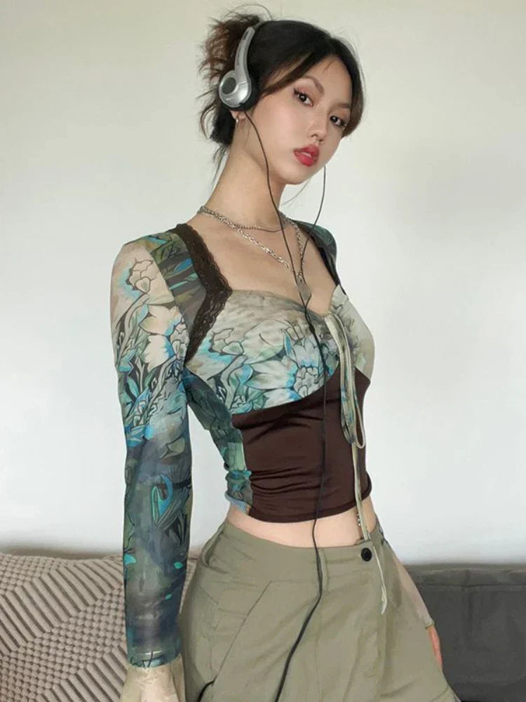 qgtao Y2k Vintage Tie Dye Printed Patchwork Square Neck T-shirt Flare Sleeve Slim Fit Streetwear Spring Autumn Shirts 2024.