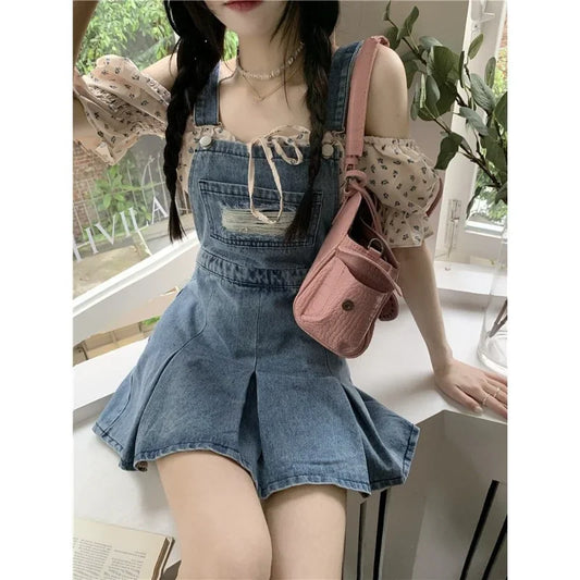 qgtao-Denim Overall Dresses Women Summer Vintage Blue Elegant Y2k Folds Camisole Pleated Dress Mini Fashion Hotsweet Korean Vestidos