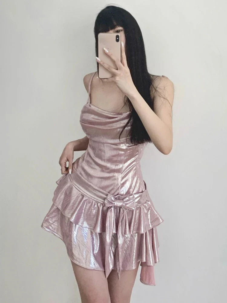 qgtao Summer Pink Strap Kawaii Dress Women Backless Elegant Vintage Party Mini Dress Female Bow Belted Sashes Designer Dress 2023