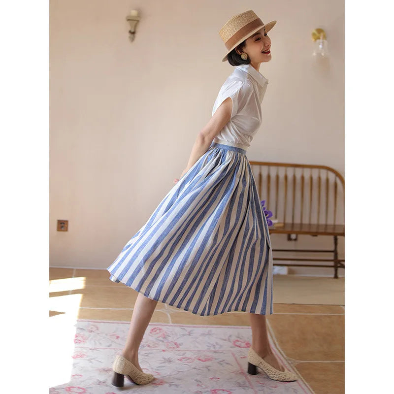 qgtao Women High Rise Blue Striped Vintage Midi Skirt 2024 Summer New In Swing Skirt