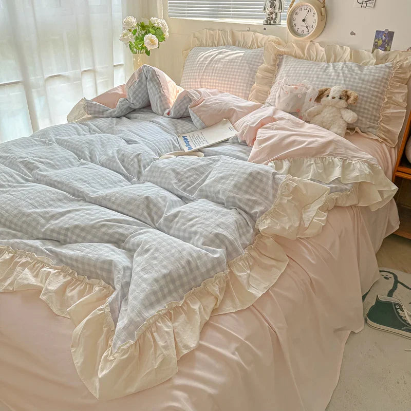 Yeknu Korean Princess Style Bedding Set Soft Skin-friendly Lattice Lace Ruffles Quilt Cover Plaid Style Duvet Covers Set Pillowcases