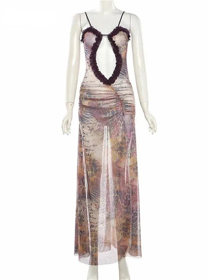 Sexy Hollow Long Dress For Women Print Camisole Off Shoulder Backless Sleeveless Frilly  Mixi Dress Female Party