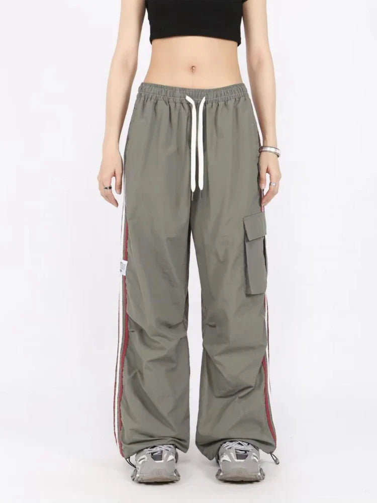 qgtao Y2K Cargo Pants Women Baggy Vintage High Waist Stripe Sweatpants Casual Loose Drawstring Parachute Jogger Wide Leg Pants