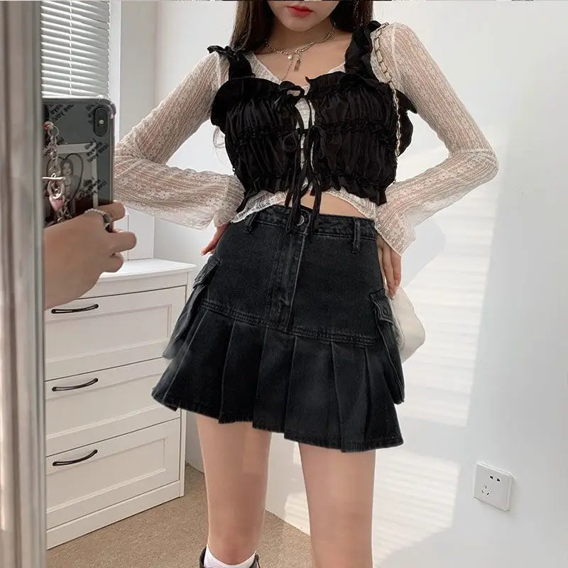 qgtao Vintage Pleated Denim Skirt Women Black Sexy Y2K Mini Skirts Retro Gothic Casual Patchwork Streetwear A-line Jean Skirt