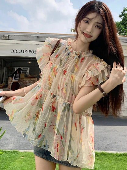 qgtao  -  Elegant Floral Print Chiffon Beautiful Blouse Women Flying Sleeve Shirt Spring Summer Fairycore Pleated Tops Aesthetic