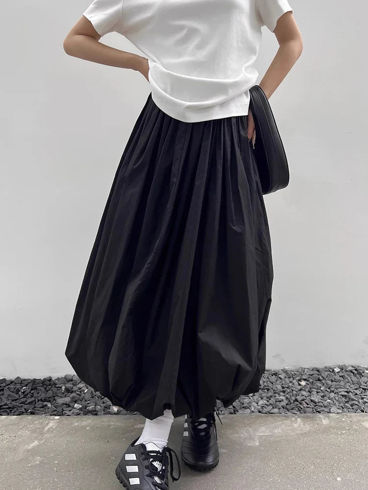 qgtao Long Skirt Women Elegant Solid Elastic Waist A-line Vintage Korean Fashion Loose Balloon Maxi Skirt Casual Streetwear