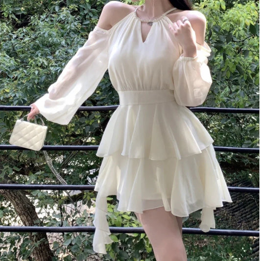 qgtao Elegant Luxury Dresses for Women Fairycore Casual Chiffon Dress Sweet Short Skirt Fashion Summer White Mini Dress Slim