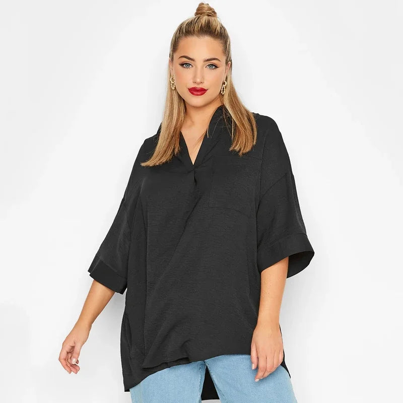 qgtao Plus Size V-neck Spring Autumn Elegant Hi Low Blouse Women Loose 3/4 Sleeve Black Tunic Tops Large Size Blouse And Tops Shirt 6X