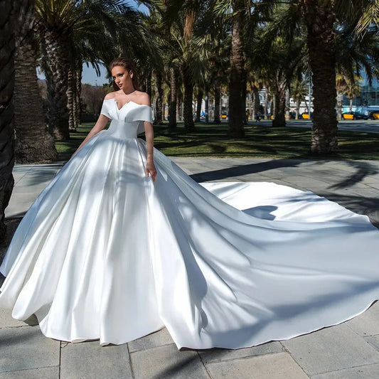 qgtao  Elegant Matte Satin Ball Gown Wedding Dresses 2024 Off The Shoulder Women Princess Party Bridal Gowns Train Bride Dress