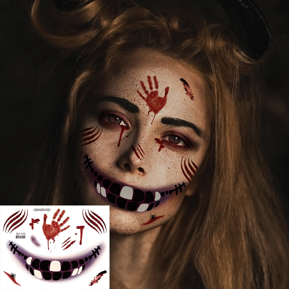 Halloween Face Makeup for Women Men Big Mouth Temporary Tattoo Stickers Disposable Funny Fake Tattoo Waterproof for Saints' Day