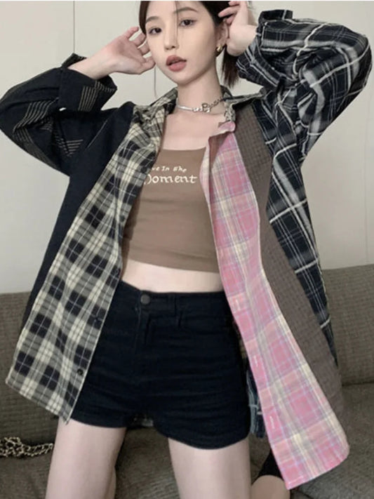 qgtao  -  Vintage Oversized Shirt Women Casual Plaid Patchwork Korean Fashion Long Sleeve Blouse Harajuku Streetwear Female Tops