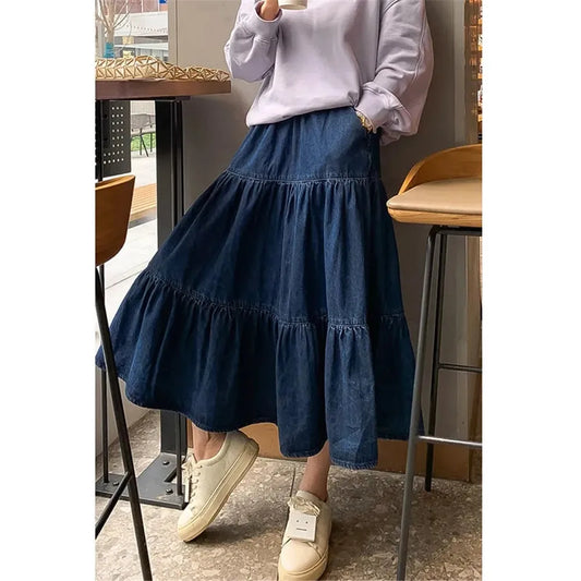 qgtao Women Plus Size 5xl Denim Skirt Maxi Long Jeans Skirts Girls Pleated Korean Fashion Clothing Harajuku Mujer Faldas Blue Vintage