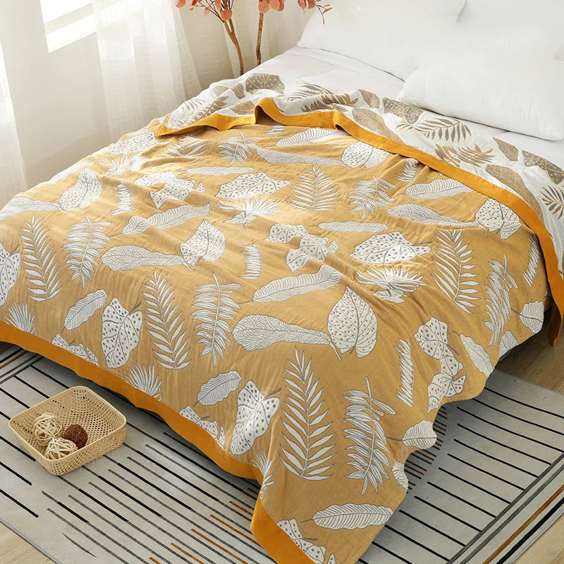 Yeknu Textile City Patterned Leaves Yellow Cotton Gauze Throw Blanket 5-layer Gauze Towel Quilt Soft Comfy Home Blanket 200x230cm