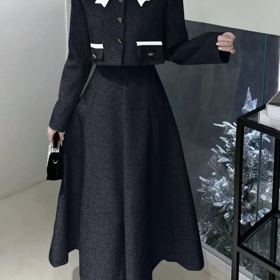 qgtao Korean Elegant Two Piece Set Women Autumn Chic Bow Coat Folds Midi Skirt Set Vintage Office Lady Formal Occasion Party Skirt Set