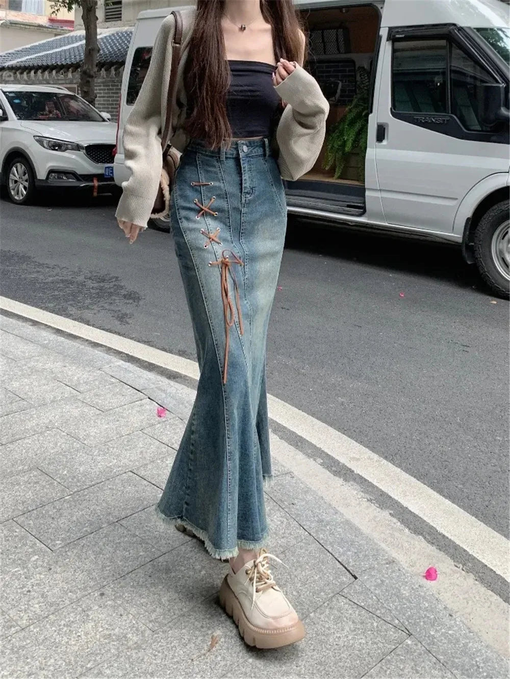 qgtao Y2k Aesthetic Vintage High Waist Denim Midi Skirt Slim Women Korean Streetwear Bandage Mermaid Skirts Elegant Blue Trumpet Skirt