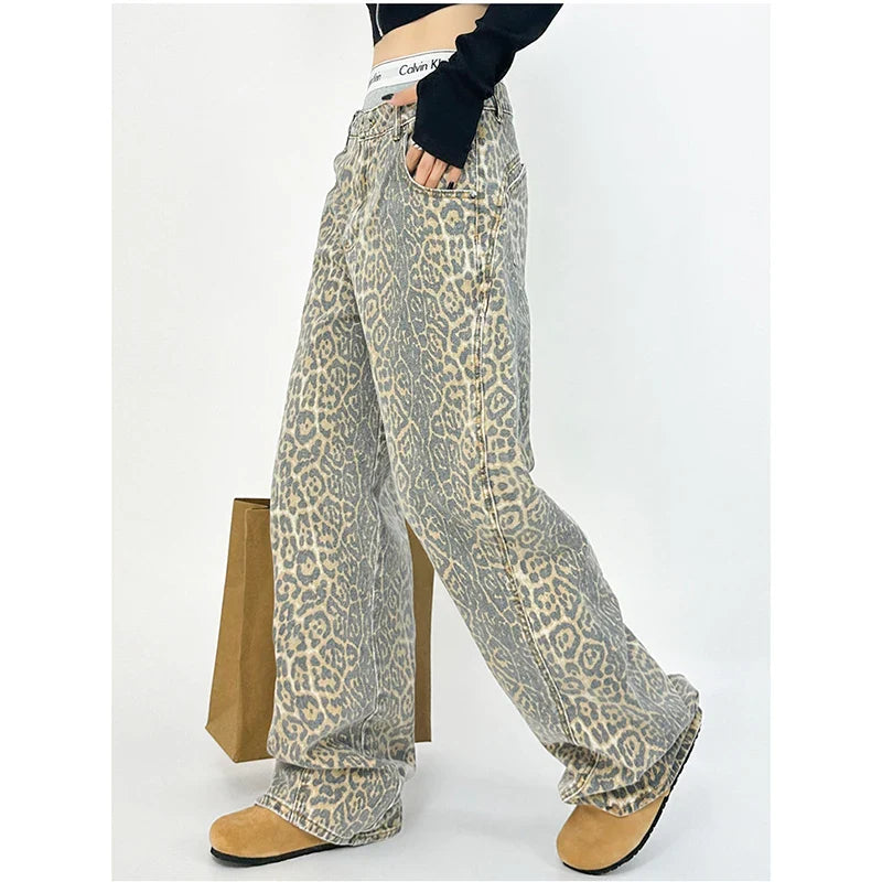 qgtao  -  American Retro High Street Casual Overalls Leopard Print Loose Wide Leg Pants For Women Y2k Hip-hop Cargo Grunge Baggy Trousers