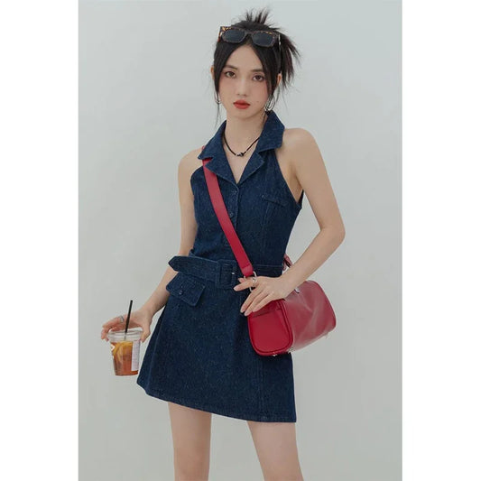 qgtao Y2K Denim Mini Dress Women Vintage Belt Sleeveless A Line Dresses Streetwear Slim Sundress Korean Elegant Halter Vestido