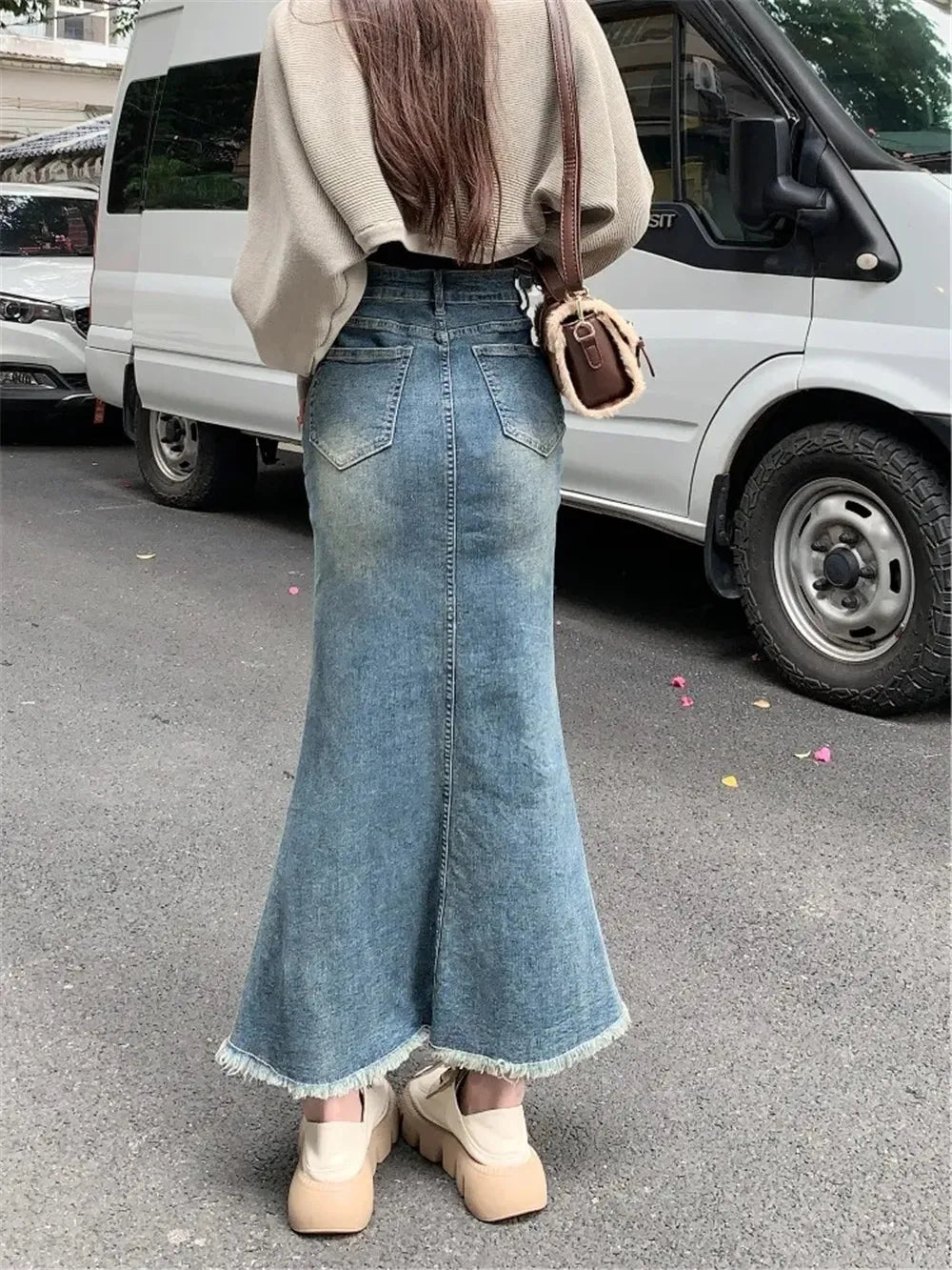 qgtao Y2k Aesthetic Vintage High Waist Denim Midi Skirt Slim Women Korean Streetwear Bandage Mermaid Skirts Elegant Blue Trumpet Skirt