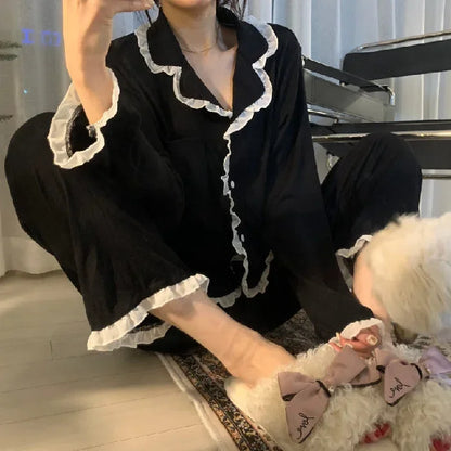 qgtao Spring Autumn Pajamas Women's Winter Sleepwear Set Korean Version of Ins Style Cute Long Sleeve Trousers Set Female Loungewear
