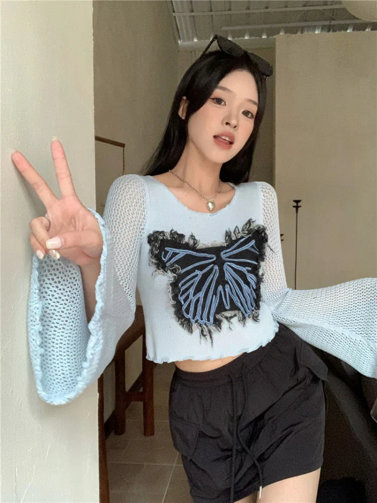 qgtao Y2k Sweater Vintage Butterfly Embroidery Knitted Pullover Suqare Neck Long Hollow Out Flare Sleeves 2024  Autumn Tops.