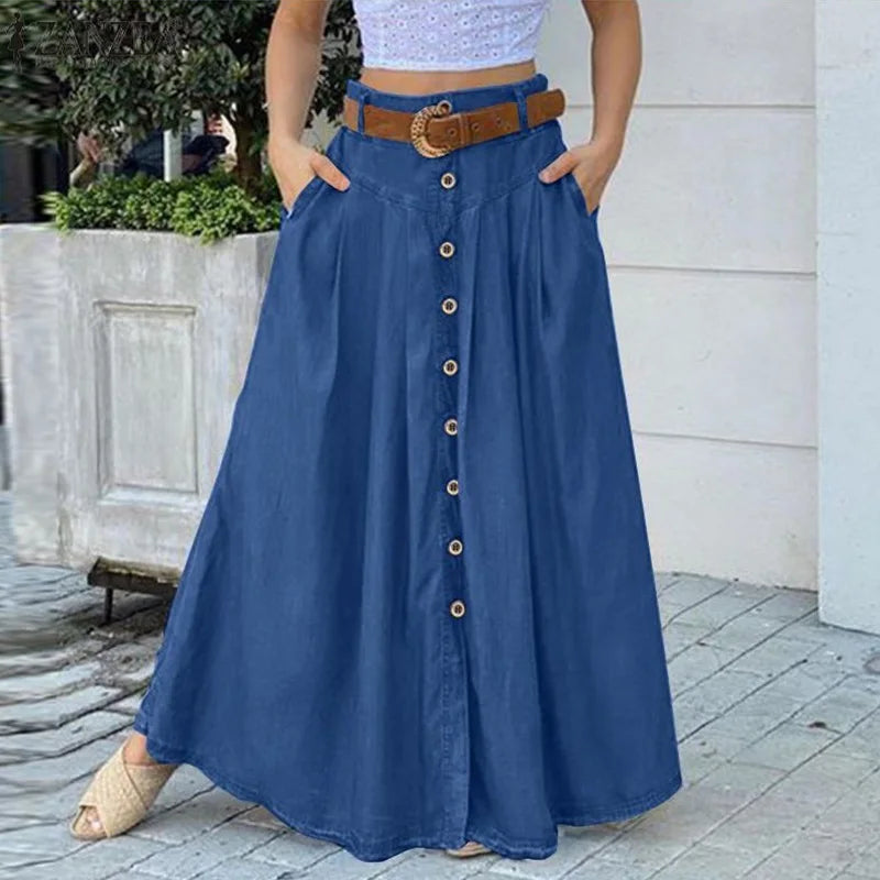 qgtao Women Button Patchwork Long Skirts 2024 Stylish A Line High Waist Long Vestidos Vintage Female Solid Maxi Sundress Femme