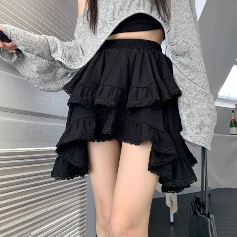 qgtao Ruffles Kawaii Women Mini Skirt Japanese Style Irregular Sweet Lace White Patchwork Elegant Casual Black Short Skirt