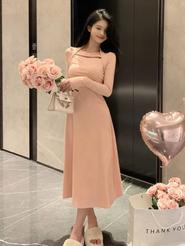 qgtao Pink Korean Long Sleeve Knitted Dress Women Solid Casual Slim Elegant Midi Dress Female 2024 Autumn Chic Slash Neck Casaul Dress