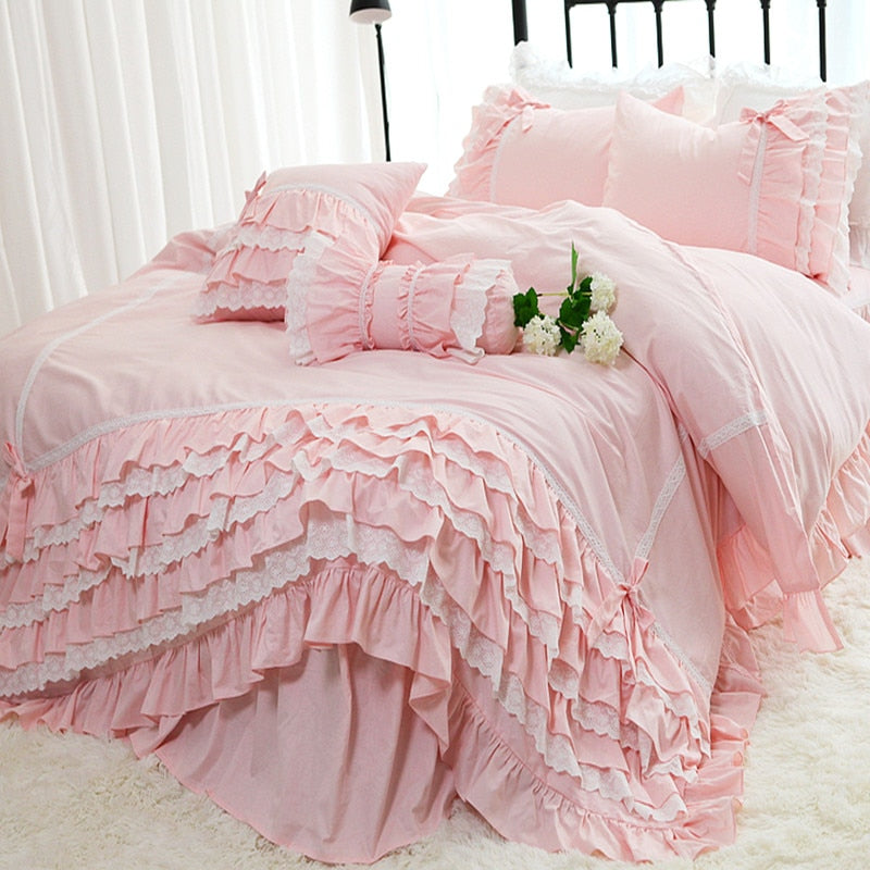 Yeknu Romantic Ruffle luxury duvet cover rose print bedding king duvet cover lace bed set princess cotton quilt cover duvet set queen