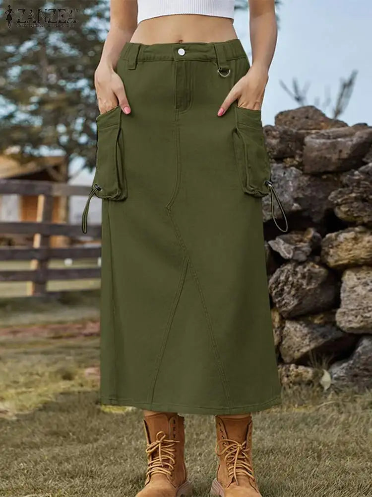 qgtao Women Cargo Skirt 2024 Elegant Loose Midi Jupes Vintage Drawstring Pockets Falda Elastic Waist Straight Skirts Streetwear