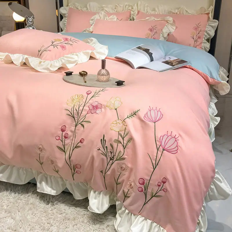 Yeknu Washed Cotton Embroidery Bedroom Four-piece Set Full Quilt Cover Princess Style Queen Bed Sheet King Bedding Three-piece Bedding