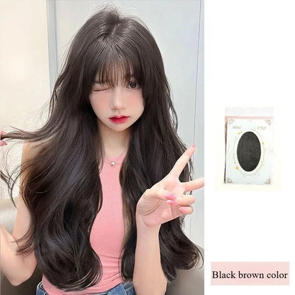 OKLULU  -  Long water Wave Wig Cold brown with Bangs Cosplay Silky Wig for Women Daily Party Natural Soft Synthetic Hair Heat Resistant 여장