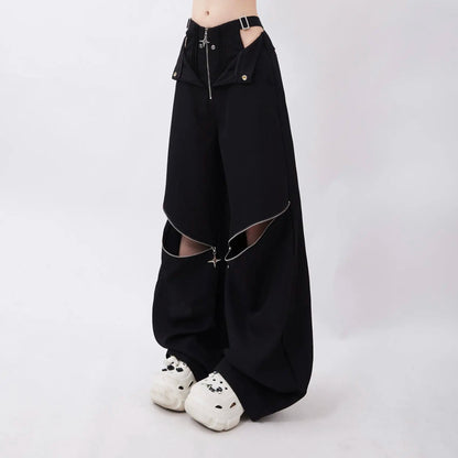 QWEEK Streetwear Cargo Pants Women Y2k Baggy Techwear Wide Leg Trousers Sexy High Waisted Hollow Out Gray Black Pantalones Mujer