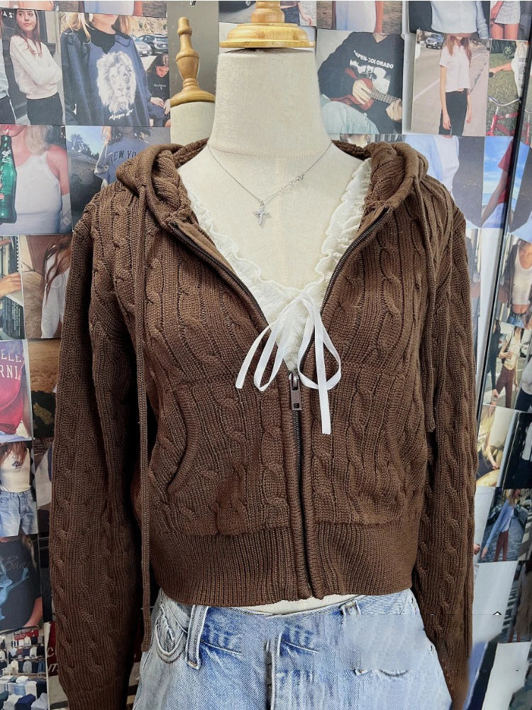 Solid Twist Knitted Hooded Cardigan Women Autumn Casual Cotton Ribbed Trim Zip-up Sweater Vintage Streetwear Cropped Tops Coat