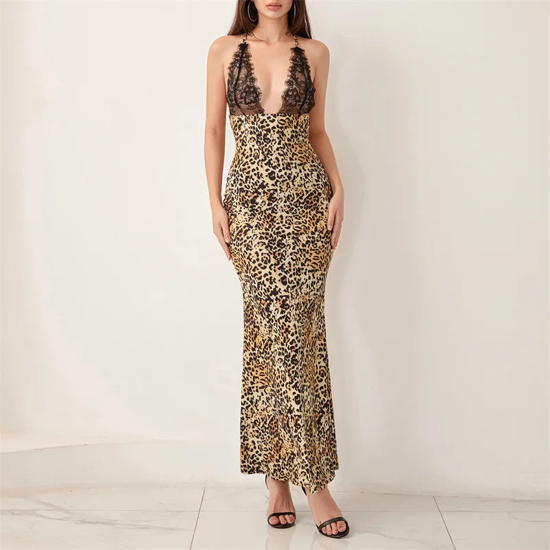 qgtao Sexy Halter V Neck Leopard Print Lace Patchwork Maxi Dress Fashion Women Sleeveless Backless Long Dresses Y2k Chic Female Robe