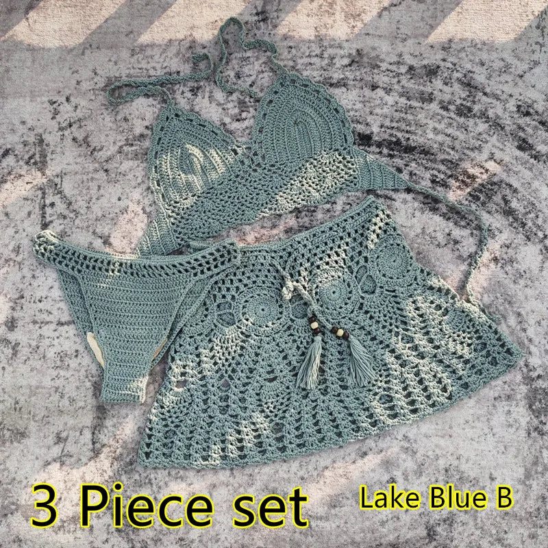 qgtao 2/3 Piece Set Hand Crochet Florens Bikini Women Sexy Beach Skirt Boho Style Elastic Waistband