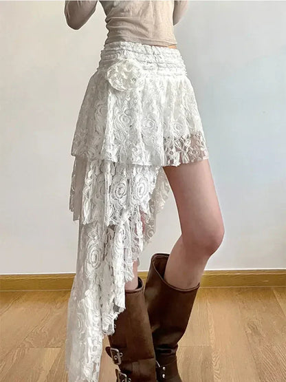 qgtao Lace Irregular Skirts Y2k Aesthetic Bohemian Beach Casual Design Casual Ruffled Fairy Sexy Harajuku Skirts 2024 Spring