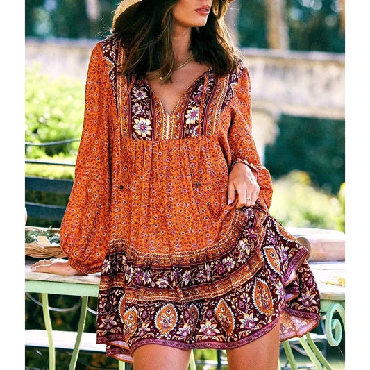 qgtao Floral Vintage Mini Dresses Autumn Boho Women Holiday Dress Long Sleeve Hippie Tie Up V-neck Sexy Ruffles Girls Dress