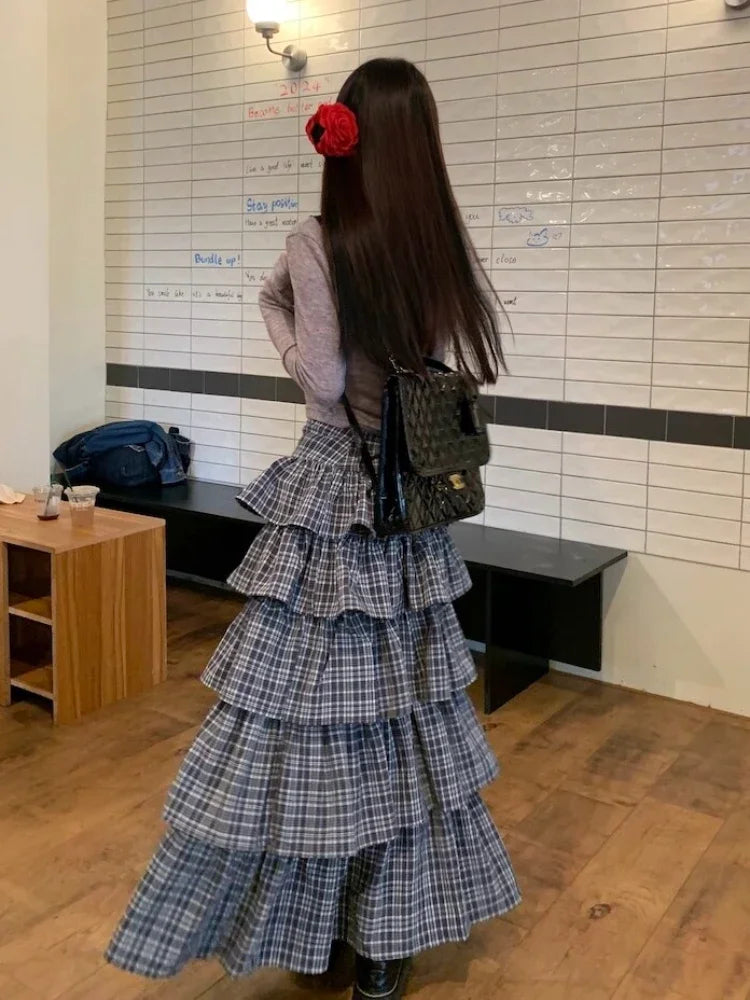 qgtao  -  Harajuku Tiered Plaid Skirt Pleated High Waist Long Maxi Cake Skirt Mujer Summer Fashion Tshirt Sexy Two Piece Set Women