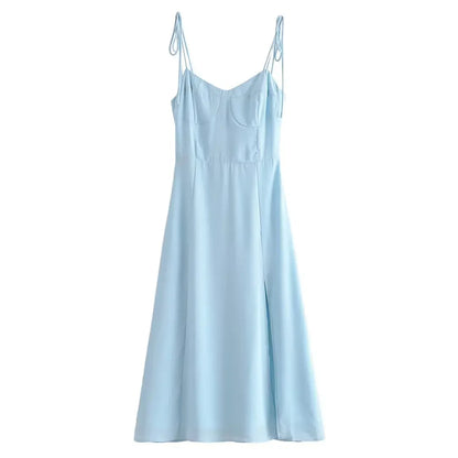 qgtao   Women French Style Light Blue Front Slit Sling Dresses Sexy Sleeveless High Waist Female Holiday Summer Chiffon Dress