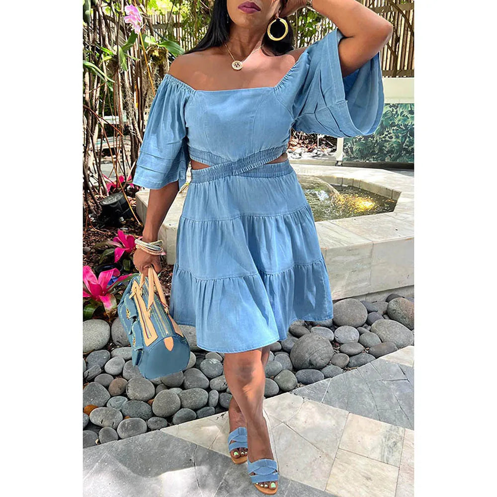 qgtao Plus Size Blue Daily Denim Off Shoulder Hollowed Out With Pocket Midi Dresses