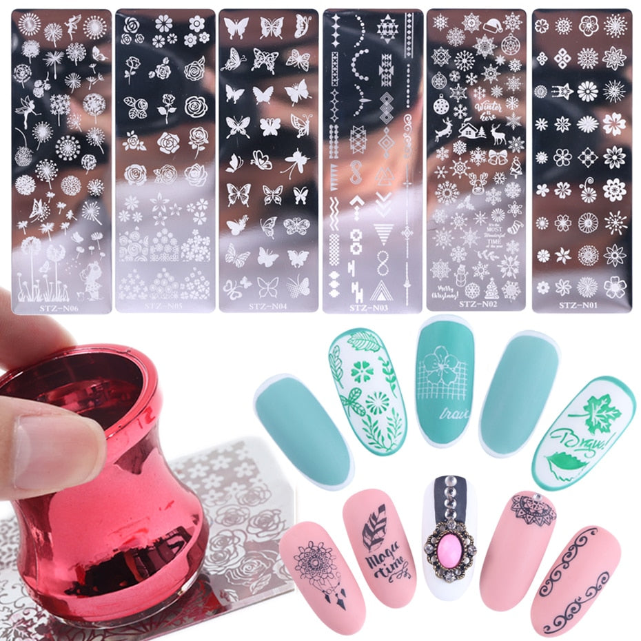 6pcs Nail Art Stamping Plates Set Summer Flower Leaf Christmas Snowflake Template Image Plate Printing Stencil Nail Tool SASTZ-N