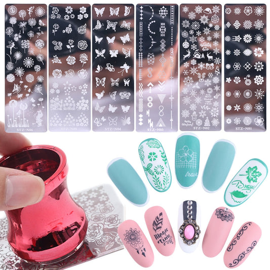 6pcs Nail Art Stamping Plates Set Summer Flower Leaf Christmas Snowflake Template Image Plate Printing Stencil Nail Tool SASTZ-N