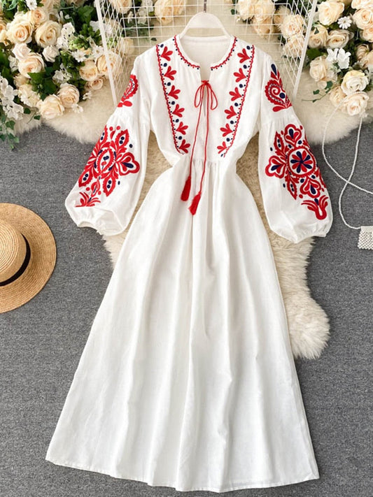 Bohemian O-Neck Lantern Sleeve Dress